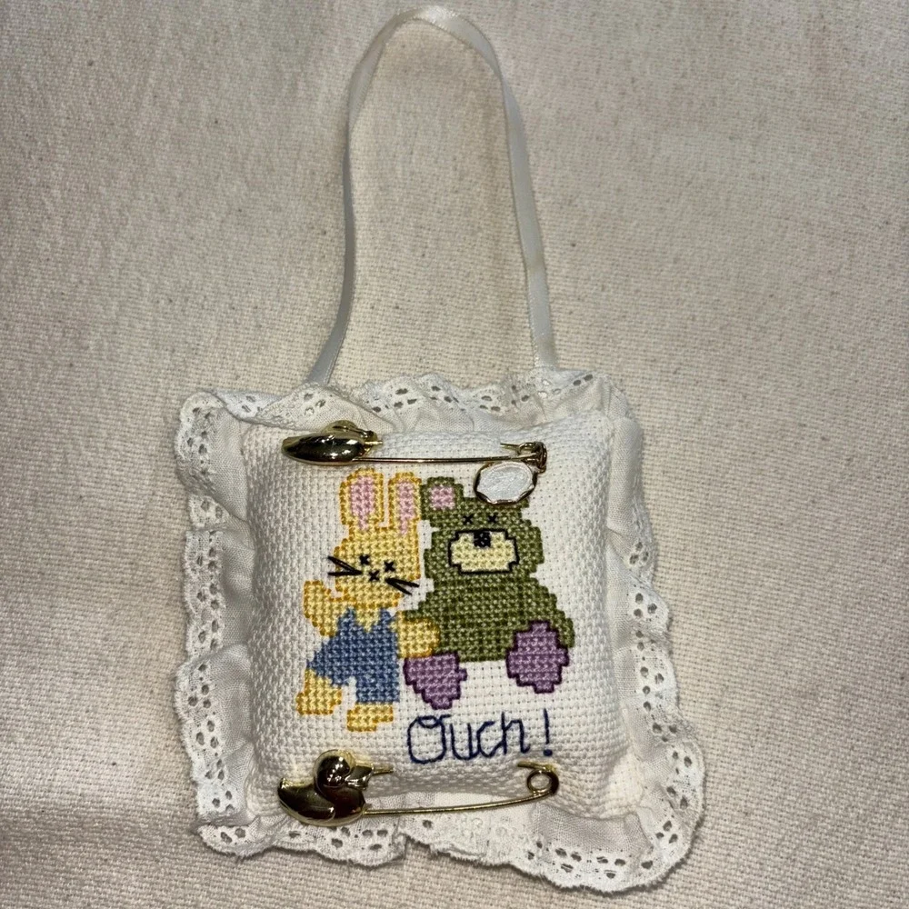 Handmade cross-stitch Pin‎ cushion Bear & Bunny 